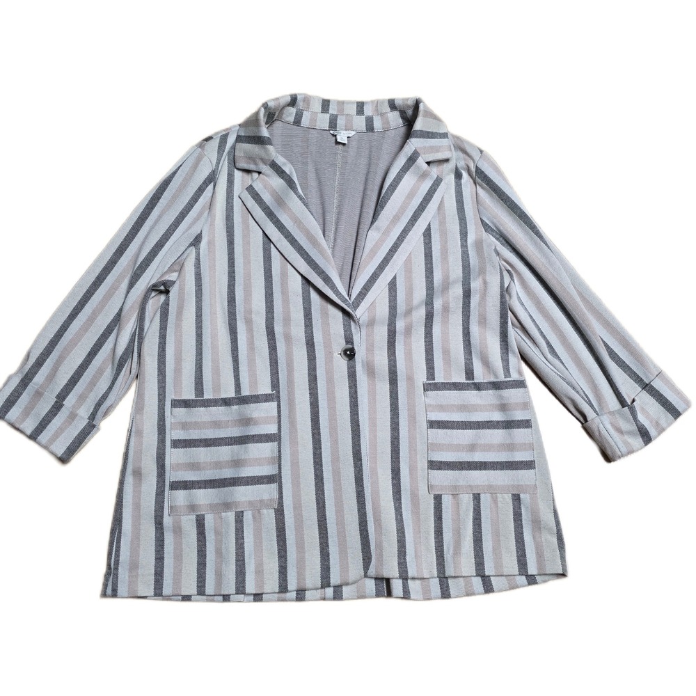 Cato Striped Blazer Jacket Women's Size XL Cream 3/4 Sleeve Pockets Button Front